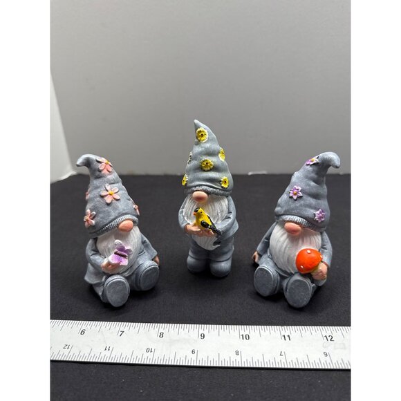 Set Of 3 Decorative Gnome Figurines With Flower Accents & Accessories - Picture 1 of 7